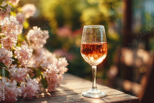 Ros? wine glass on wooden table, surrounded by flowers