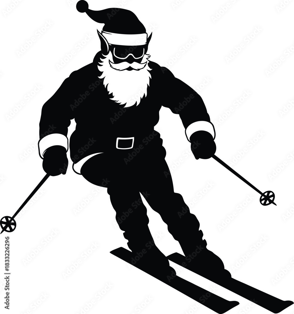 Fototapeta premium Skiing Santa or Elf silhouette vector art black color design and solid white background