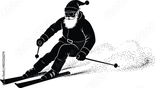 Skiing Santa or Elf silhouette vector art black color design and solid white background 