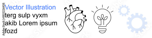 Innovation, healthcare concepts, creativity, problem-solving, teamwork, and science. Line art of a heart, light bulb with sprout and gear icons. Innovation and healthcare concepts