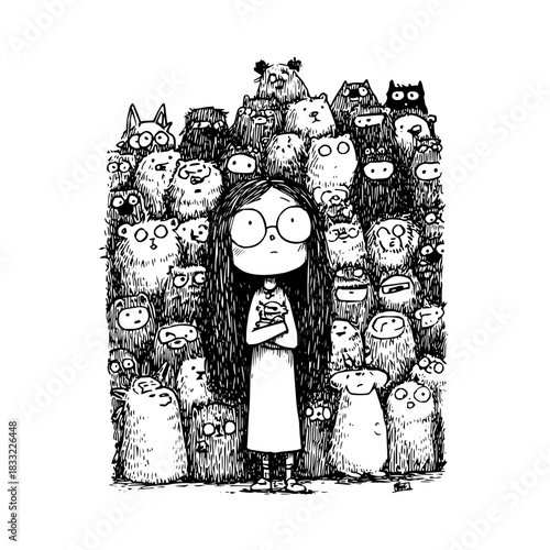 Girl surrounded by cute monsters in black and white drawing illustration art with details and expressions
