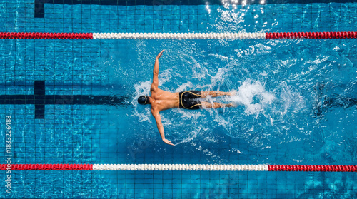 Top down aerial view of a professional male swimmer training backstroke in a competition swimming pool lane.