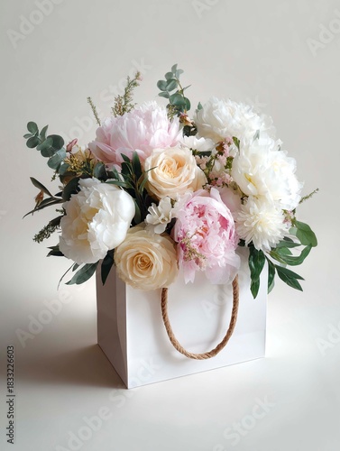 Elegant bouquet of pink and white peonies in a paper bag isolated on a plain background.