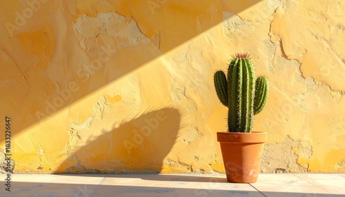 Potted Cactus Against Weathered Yellow Wall with Diagonal Shadows in Vibrant Desert-Inspired Close-Up