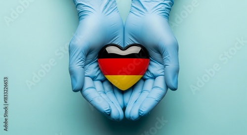 Hands in blue glove holding heart with german flag symbol