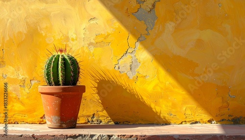 Potted Cactus Against Weathered Yellow Wall with Diagonal Shadows in Vibrant Desert-Inspired Close-Up