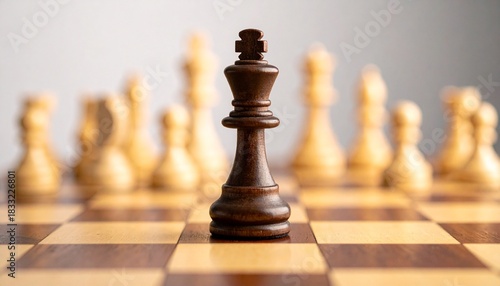 Black King Surrounded by White Chess Pieces on Chessboard in Strategic Close-Up Composition
