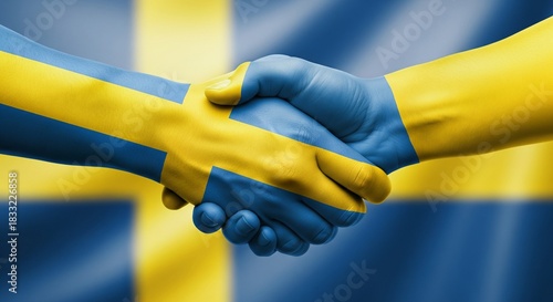 Handshake with swedish flag painted on arms against flag