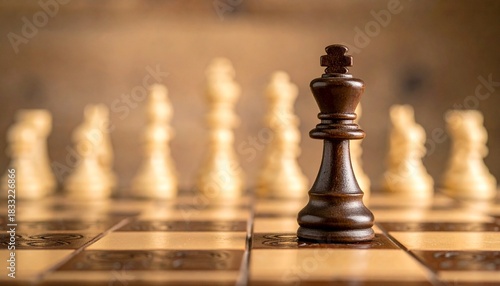 Black King Surrounded by White Chess Pieces on Chessboard in Strategic Close-Up Composition