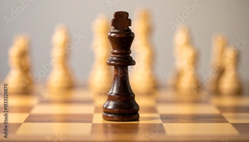 Black King Surrounded by White Chess Pieces on Chessboard in Strategic Close-Up Composition