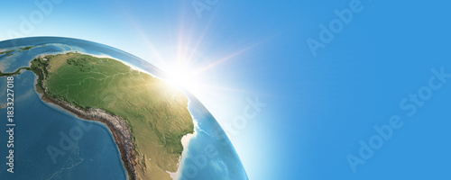 Sunrise on detailed satellite cartography of Earth globe, South America, blue banner - Elements furnished by NASA