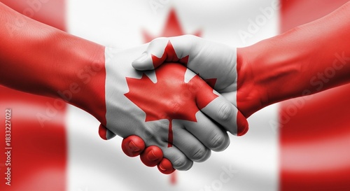 Handshake with canadian flag painted on hands against flag background
