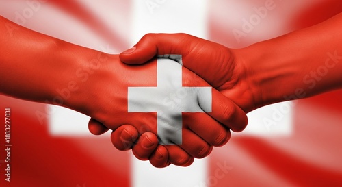 Two hands shaking with swiss flag painted on them