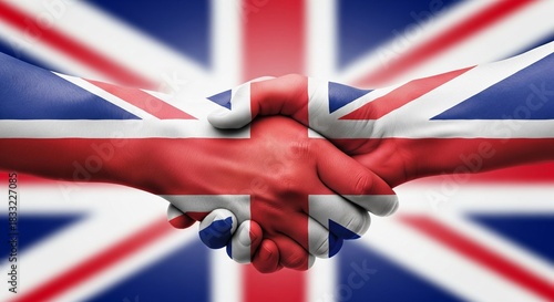 Handshake with united kingdom flag background symbolizing agreement