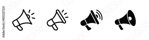 Megaphone set, outlined style and flat style or glyph