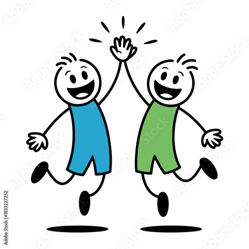 Two stick figures giving each other a high five while jumping in the air.