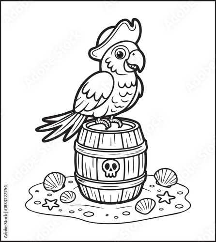 Cute parrot pirate wearing hat on sea black line art vector illustration, Adventure coloring page for kids and adults