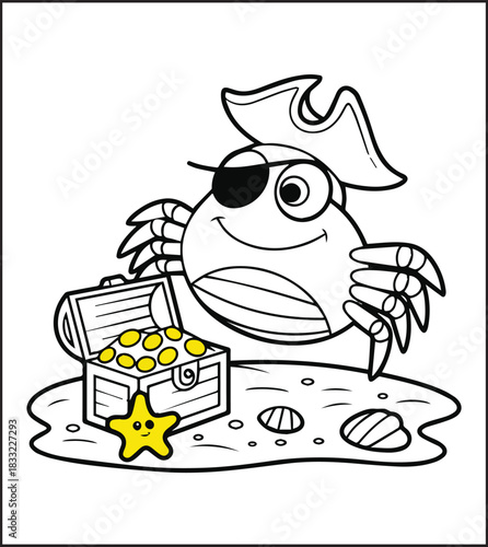Cute crab pirate with a box on sea black line art vector illustration, Adventure coloring page for kids and adults