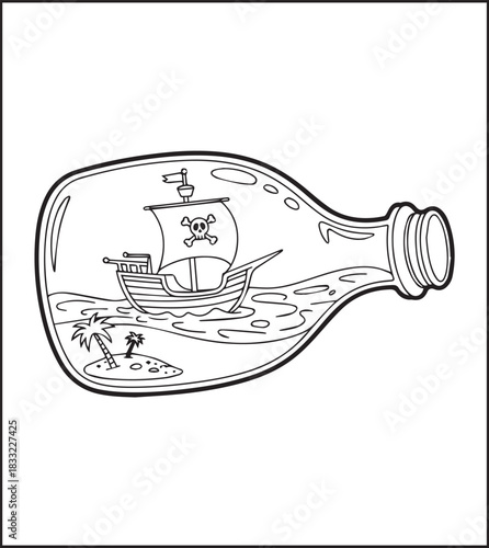 Cute pirate ship into a bottle on sea black line art vector illustration, Adventure coloring page for kids and adults