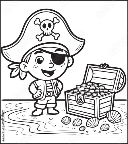 Cute pirate with a box of golds on sea black line art vector illustration, Adventure coloring page for kids and adults
