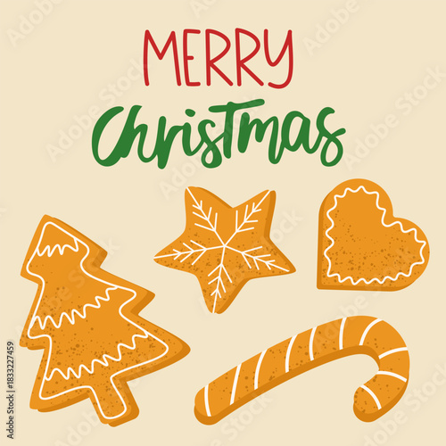 Merry Christmas greeting with gingerbread cookies — festive holiday illustration featuring tree, star, heart, and candy cane in warm flat vector style