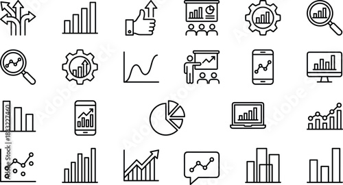 Data Analysis, Business Charts, Statistics, and Financial Growth Line Icons Set, Including Graph Presentation, Report, Success, Research, Mobile, and Digital Marketing Concepts