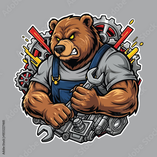 A fierce brown bear mechanic, clad in blue overalls and a gray shirt, stands proudly holding a wrench, with gears and tools in the background, showcasing strength and skill