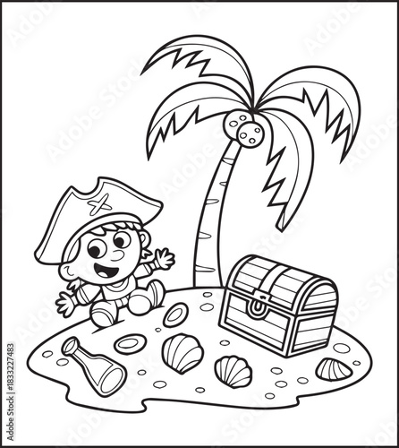 Cute pirate with a box on sea black line art vector illustration, Adventure coloring page for kids and adults