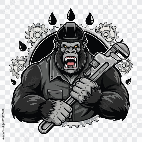 A fierce gorilla mechanic wearing a hard hat and holding a wrench, standing in front of gears and oil drops, showcasing strength and expertise in a unique and eyecatching design