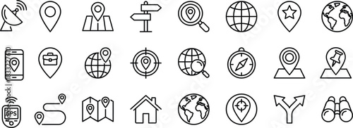 Navigation, GPS, Location Pin, Map Direction, and Global Positioning Line Icons Set, Including Satellite, Compass, Route, Search, Target, and Travel Planning Concepts