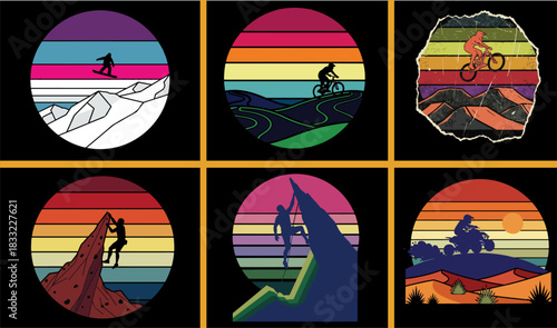Set of six outdoor adventure sport designs featuring snowboarding, mountain biking, downhill biking, rock climbing, trail running, and motorcycling against a retro sunset backdrop