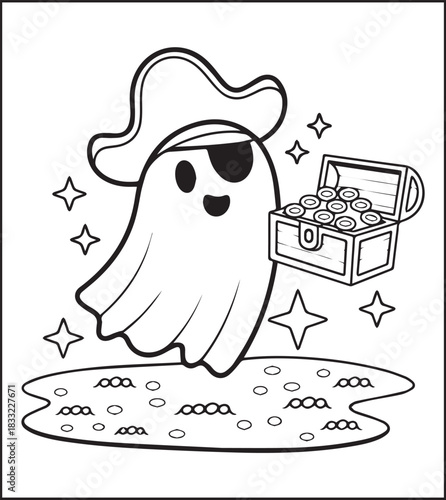 Cute boo pirate with a box on sea black line art vector illustration, Adventure coloring page for kids and adults