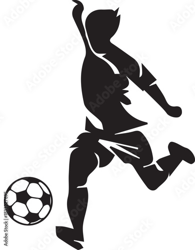 Silhouette of a soccer player kicking a ball in action