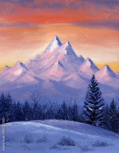 Majestic Snow-Capped Mountains at Sunset with Vibrant Sky Colors