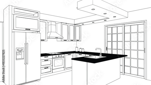 Modern kitchen interior line art illustration with cabinets, island, appliances, countertops, sliding doors and ceiling lights for architectural design themes
