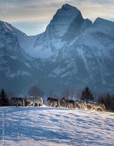 Herd of Cattle Moving Across Snowy Landscape with Mountain Backdrop