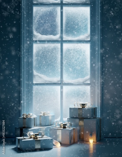 Cozy Winter Scene with Gifts and Snowy Window Background