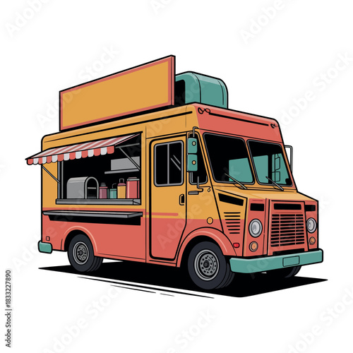 A colorful food truck stands ready to serve customers with its open window and awning.