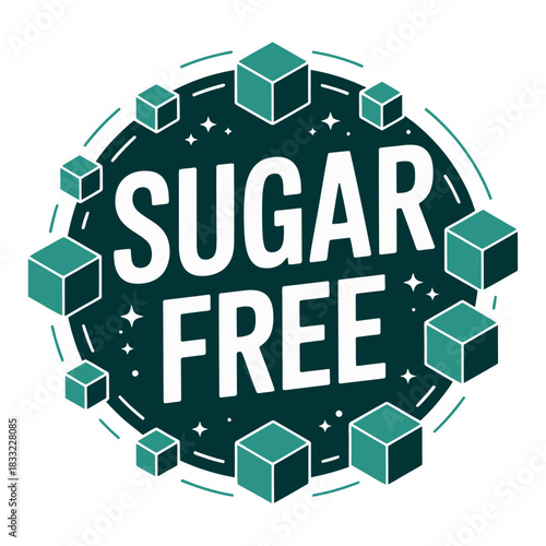 The concept of 'sugar free' is represented by a circular graphic with cube shapes.