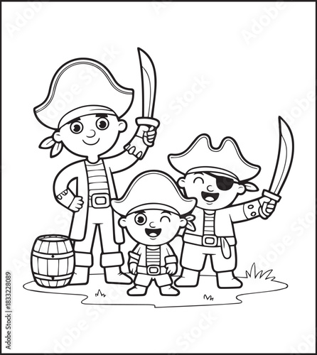 Cute three pirates together on sea black line art vector illustration, Adventure coloring page for kids and adults