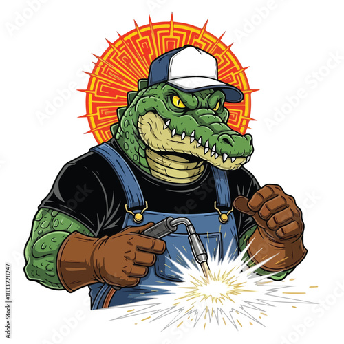 A cartoon alligator welder in overalls and a cap is welding with sparks flying, the alligator is wearing gloves and has a determined look on its face