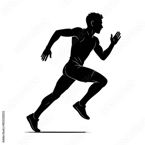Dynamic silhouette of a male athlete in full stride capturing the energy and motion of a runner in a clean vector graphic design