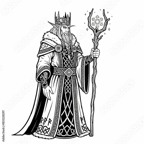Intricate line art of a winter king with a crown and staff adorned with a snowflake design on a white background