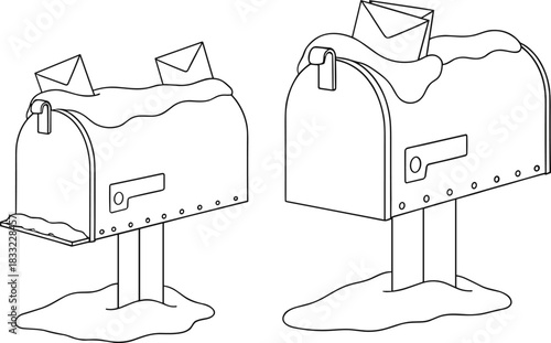 Snowy Mailbox Outline Vector Set, Winter Holiday Mail Delivery and Post Box Sketch