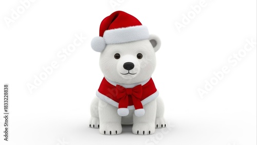 Cute White Bear Cub Wearing Red Christmas Hat and Cape Sitting on White Background
