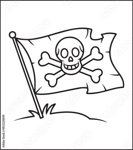 Cute pirate flag with skull on sea black line art vector illustration, Adventure coloring page for kids and adults