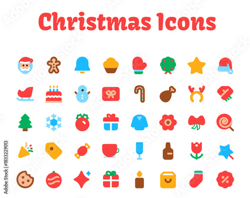 Collection of Christmas icons on white background. Christmas, New Year holidays icon big set. Flat style collection, stock Vector 