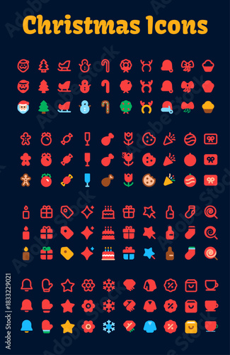 Collection of Christmas icons on white background. Christmas, New Year holidays icon big set. Flat style collection, stock Vector 