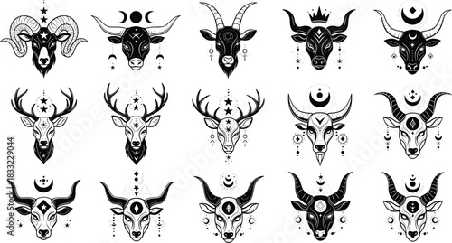Mystical animal head illustration set, decorative deer bull goat ram designs, celestial symbols, spiritual wildlife artwork, boho tribal vector collection