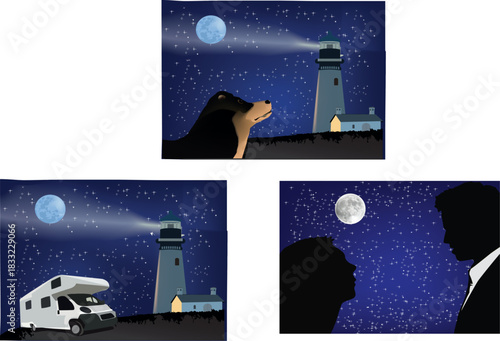 Triptych showing couple, dog, rv, and lighthouse at night